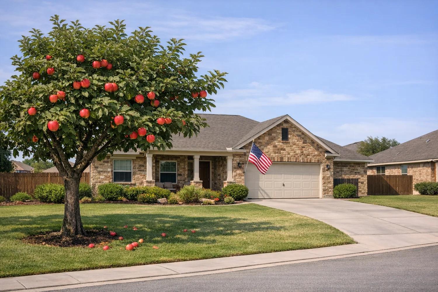 A Texas home with an apple tree bearing ripe red apples in the front yard